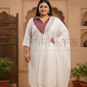 Pure White Chikankari paired with Ajrak print with Dupatta - Image 4