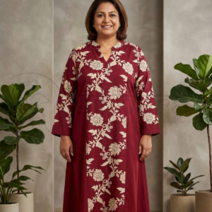 Maroon Floral Printed A-Line Kurta - Image 3
