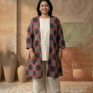 Rust & Indigo Printed Longline Jacket Kurta Set - Image 3